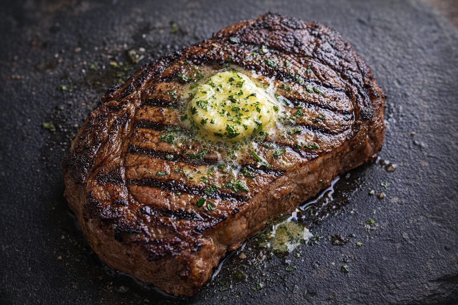An overhead shot of a perfectly grilled ribeye steak, glistening with melted compound butter and fresh herbs, set against a dark slate background. Grill marks are clearly visible. Warm, inviting lighting.